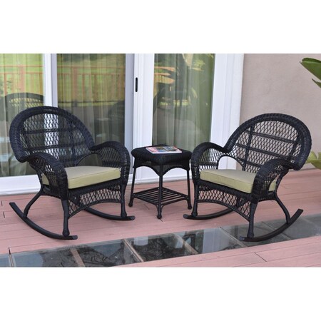Jeco W00211-2-RCES006 3 Piece Santa Maria Black Rocker Wicker Chair Set, Tan Cushion W00211_2-RCES006